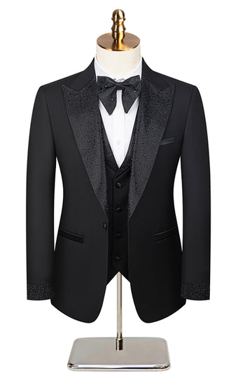 Men's Black Peaked Lapel Beaded 3 Pieces Wedding Suits